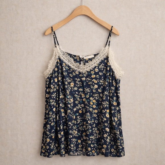DOROTHEE SCHUMACHER Tops - DOROTHEE SCHUMACHER Silk Floral Lace Trim Camisole Top Navy Designer